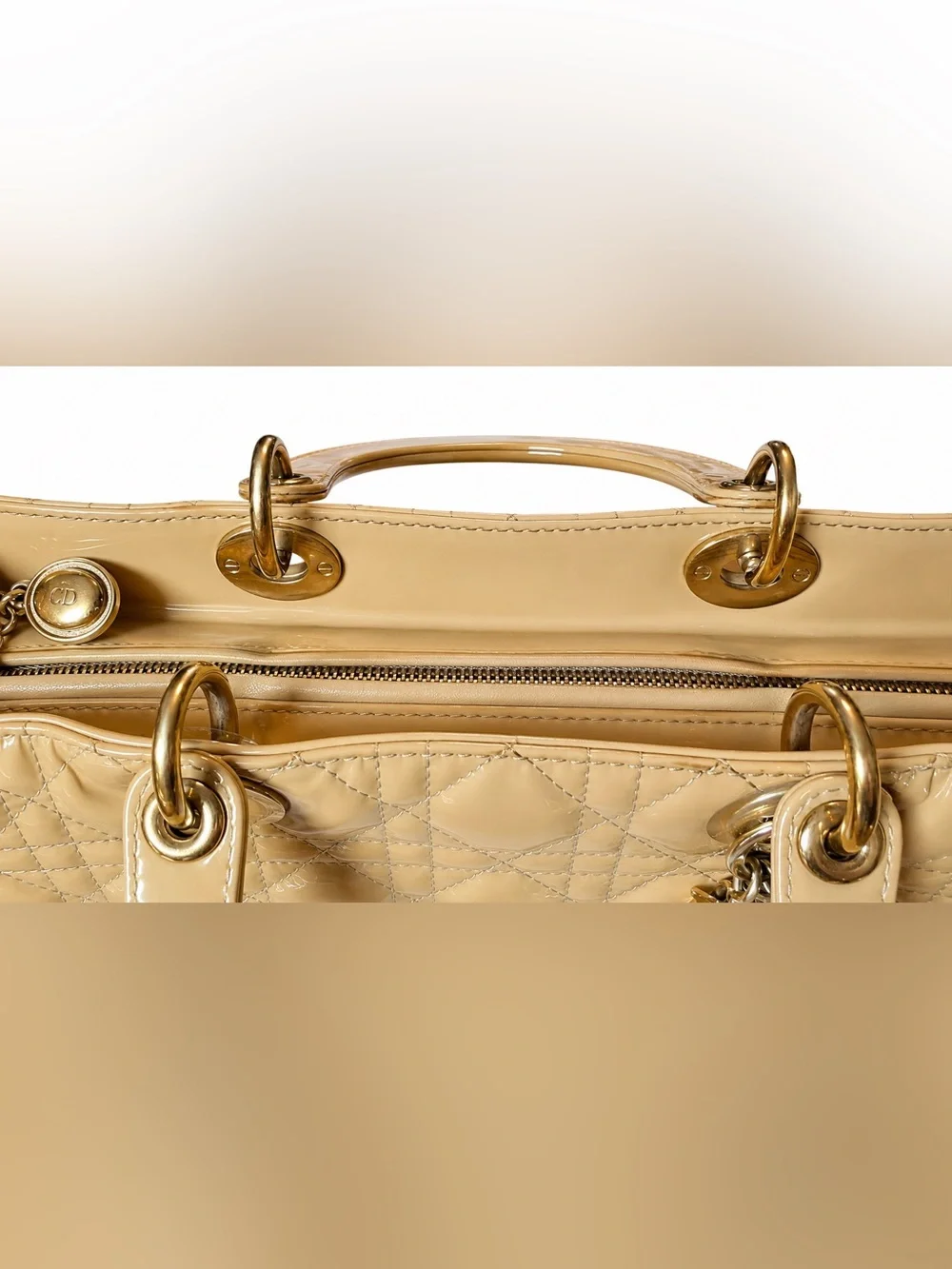Christian Dior Large Lady Dior Patent Leather Tote Beige/Nude with Strap